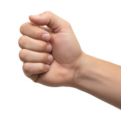 Man hand holding bottle gesture isolated on white background with clipping path, mockup design element