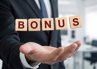 Obraz premium Cubes thrown by a man make word BONUS. Receive bonuses, rewards and preferences. Salary increase, wage premium for holidays. Special promotions. Rising at work. Business communication and success conc