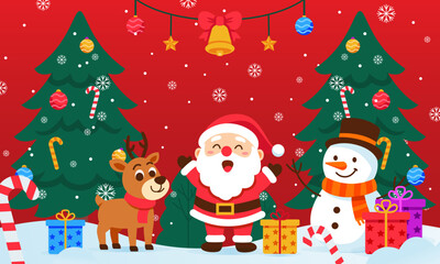 Cute santa claus, reindeer, and snowman with christmas trees
