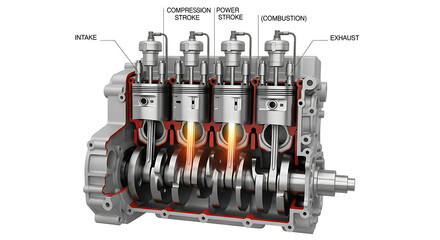 Cutaway view of a four-cylinder internal combustion engine mechanism