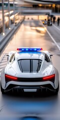 Futuristic white police car speeding with flashing lights on city street
