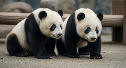 Fototapeta premium Playful Panda Duo: Two adorable giant pandas stand side-by-side, their contrasting black and white fur making them irresistibly cute, against a backdrop of natural elements. 