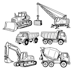 Hand drawn construction vehicle set with bulldozer, crane, dump trucks, excavator and cement mixer