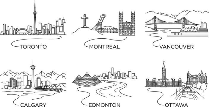 Canadian major cities skyline landmark set line art illustration