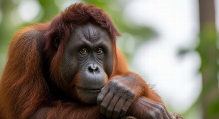 Fototapeta premium Orangutan's Gazing Wisdom: Captivating the spirit and intelligence of an orangutan, its thoughtful gaze evokes a sense of introspection and connection to nature. 