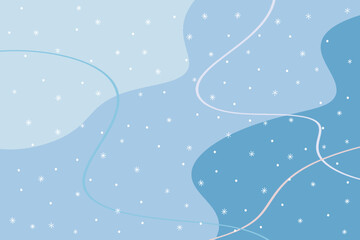 Winter-themed vector illustration featuring abstract snowflakes and swirling lines in shades of blue. Ideal for seasonal designs, festive projects, wallpapers, or marketing materials.