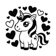 Cute cartoon unicorn surrounded by hearts