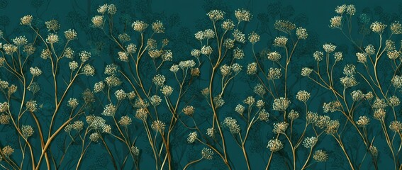 Detailed botanical illustration of light-colored flowers and branches on a teal background