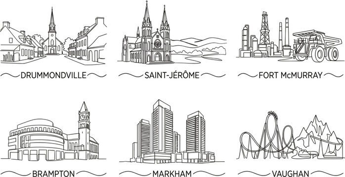 Six Canadian city skylines continuous line art vector illustration