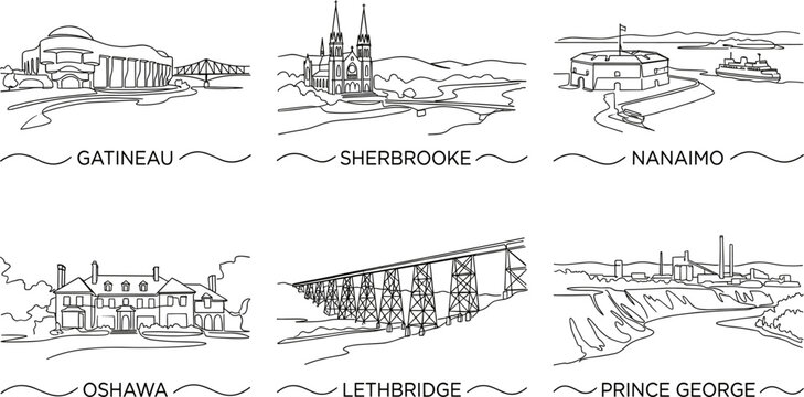 Canadian cities landmark collection single line vector illustration