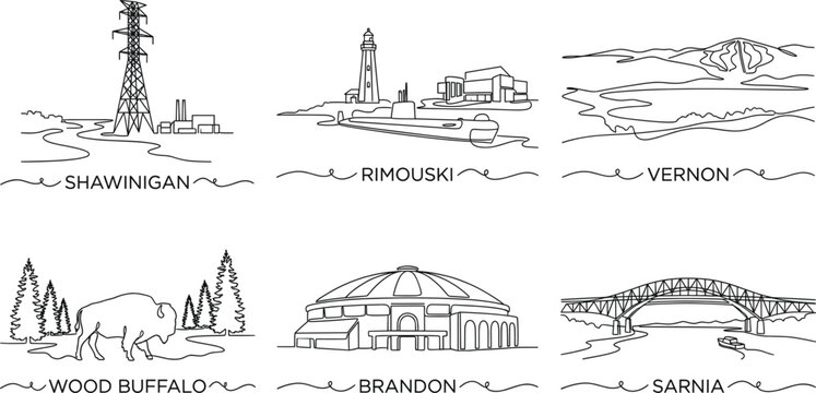 Canadian landmarks and city skylines continuous line art vector collection