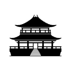 Black icon Chinese temple with pagoda roof without background.