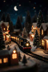 Magical Miniature Christmas Village at Night with a Steam Train on Snowy Tracks, Festive Holiday Lights

