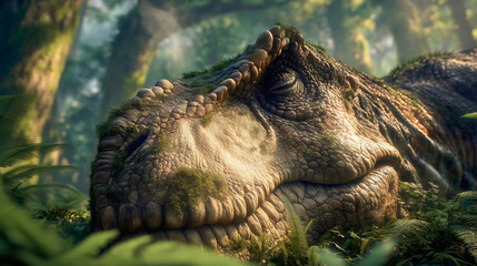 A sleeping Allosaurus dinosaur with steam breath, a prehistoric carnivore resting on the forest floor, a close-up ancient animal portrait, a misty nature scene.