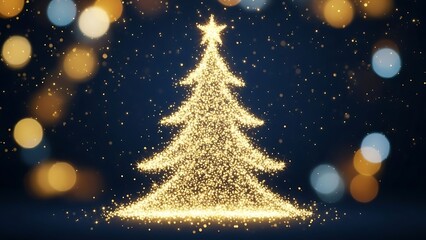 Fototapeta premium Sparkling golden Christmas tree with star on top against dark background with bokeh lights