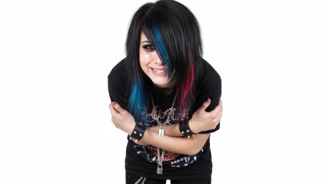 Emo subculture person expressing sadness and vulnerability on white background