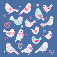 Vector set of hand drawn birds and hearts on blue background. Cute spring illustrations.