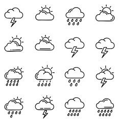 Fototapeta premium Simple weather icon set with sun, clouds, rain and lightning black and white line art