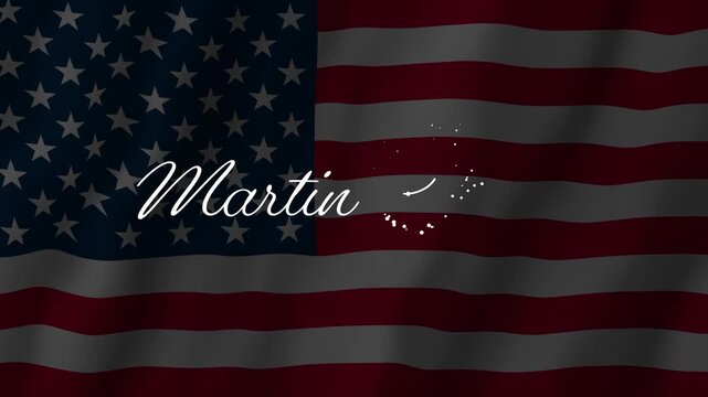 Martin Luther King Jr. Day White Script Animation on Waving US Flag Background.