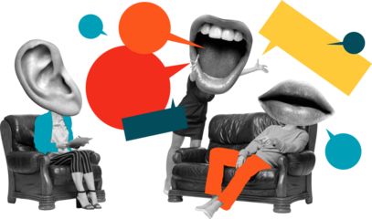 Bold colorful poster of couple therapy with oversized mouths and ear heads in vivid discussion on transparent background. Concept of communication, journalism, social projects, and PR campaigns.