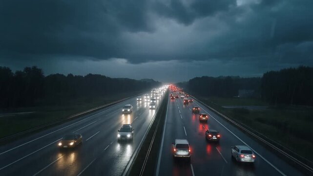 Aerial  view of Rainy Highway. Moving car headlights creating soft light trails