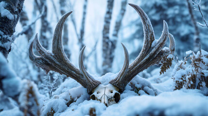 A deer skull with large antlers lying in deep snow, a winter forest landscape, wild animal remains, a cold nature background with pine trees.