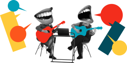 Creative collage. Musicians with giant mouth heads playing guitars and abstract speech bubbles on transparent background. Concept of entertainment, online platforms, content sharing, social media.