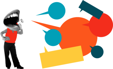 Contemporary artwork. Mouth head with megaphone shouting among speech bubbles on transparent background. Concept of communication, PR campaigns, social activism, media influence, and digital marketing