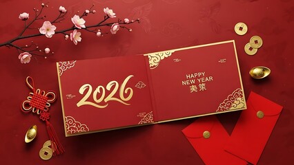 Chinese new year celebration with red envelopes, gold coins, and cherry blossoms, symbolizing good fortune and prosperity in 2026