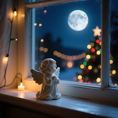Peaceful Angel Figurine on a Windowsill Under a Full Moon, Gazing at a Blurred Christmas Tree, Spiritual Holiday Serenity

