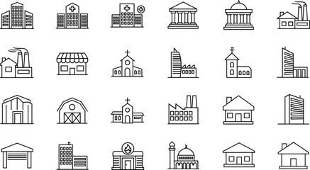 Professional Architecture and Building Line Icon Set Featuring Hospitals, Factories, Houses, Government Offices, Schools, Religious Structures, Industrial Plants, and Urban Infrastructure Symbols