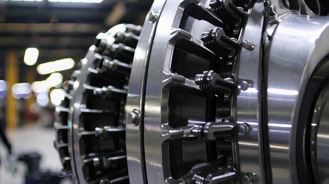 close-up of a giant industrial electric motor inside a modern factory, metallic textures, blurred background with engineer walking in safety helmet, heavy industry