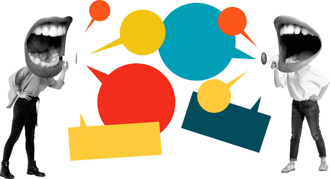 Contemporary collage. Two people with mouth heads shouting into megaphones among speech bubbles on transparent background. Concept of social projects, activism, PR, protests, and community campaigns.