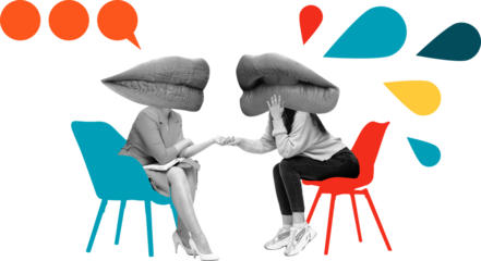 Graphic composition. Two women with lips heads in conversation on chairs with speech bubbles on transparent background. Concept of HR, communication, education, social dialogue, and media illustration