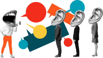Surreal collage giant mouth shouting at businesspeople with ear heads colorful speech bubbles on transparent background. Concept of leadership speech, teamwork, and modern communication channels.
