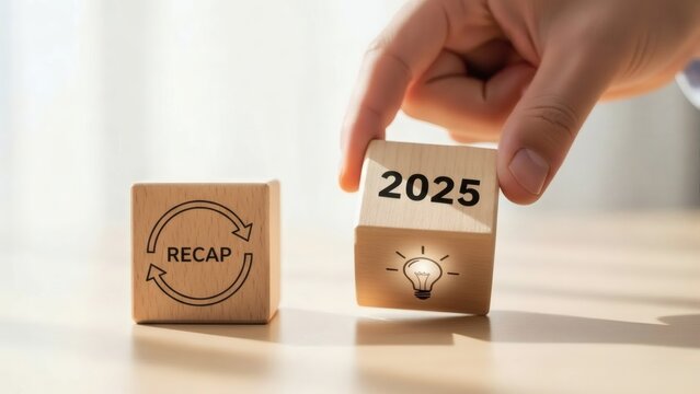 2025 Year in Review Business and Finance. Hand placing 2025 cube above recap and idea blocks, symbol of transition to new strategy.
