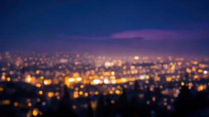Obraz premium Blurry cityscape lights glow against a dusky sky, creating a soft, warm bokeh effect