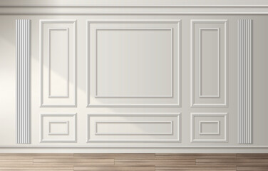 Wall panel frame classic interior with white vintage room molding - empty rectangular borders on beige surface above wood floor. Elegant architectural background for gallery or museum exhibition space