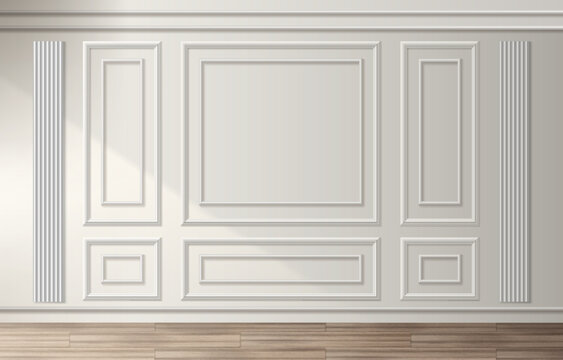 Wall panel frame classic interior with white vintage room molding - empty rectangular borders on beige surface above wood floor. Elegant architectural background for gallery or museum exhibition space