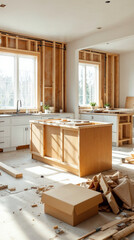 Kitchen renovation with exposed framing and new cabinets ready