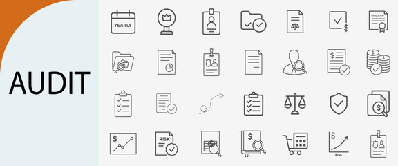 audit and compliance icons, minimal line vector symbol set