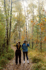 Fototapeta premium Two friends stroll along a winding path surrounded by vibrant autumn foliage, sharing moments of joy and tranquility beneath tall, leafy trees. It's a serene afternoon in nature.