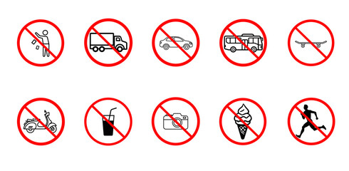 Prohibition signs for various activities and vehicles in a clean urban environment on a transparent background