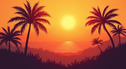 Fototapeta premium A of a sunset with palm trees and the ocean travel concept copy space