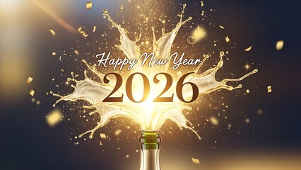 A champagne bottle pops celebrating 'Happy New Year 2026' with golden splashes and confetti.