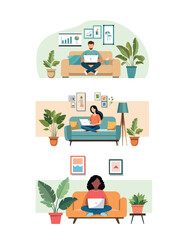 Flat vector illustration of a workspace with a laptop and diagrams 