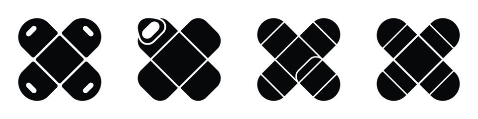 Bandage and Plaster Vector Icons Set – Medical Adhesive Patch Silhouette Illustrations for Healthcare, Hospital, First Aid, Wound Care, and Treatment Design