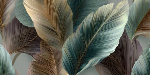 Close-up of textured tropical leaves in shades of brown and teal