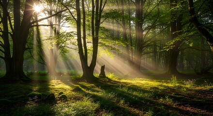 Fototapeta premium Sunbeams Pierce Through Lush Green Forest Canopy, Illuminating Misty Woodland Floor