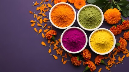 Vibrant colorful spice powders arranged in small white bowls
